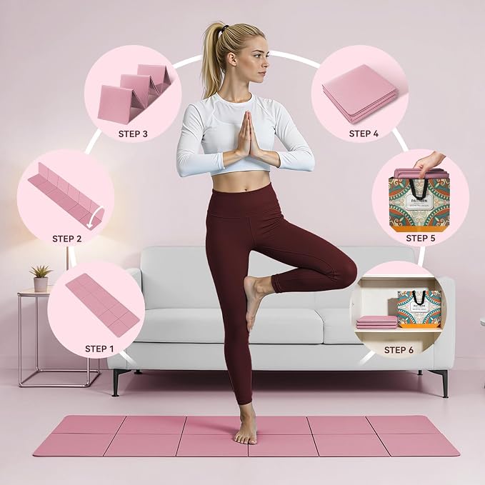 Foldable Yoga Mat Thick Non-Slip Exercise Mat | Packable Travel Fitness Mat, Carrying Bag Included, For Yoga, Pilates, Workout, Home & Gym Use