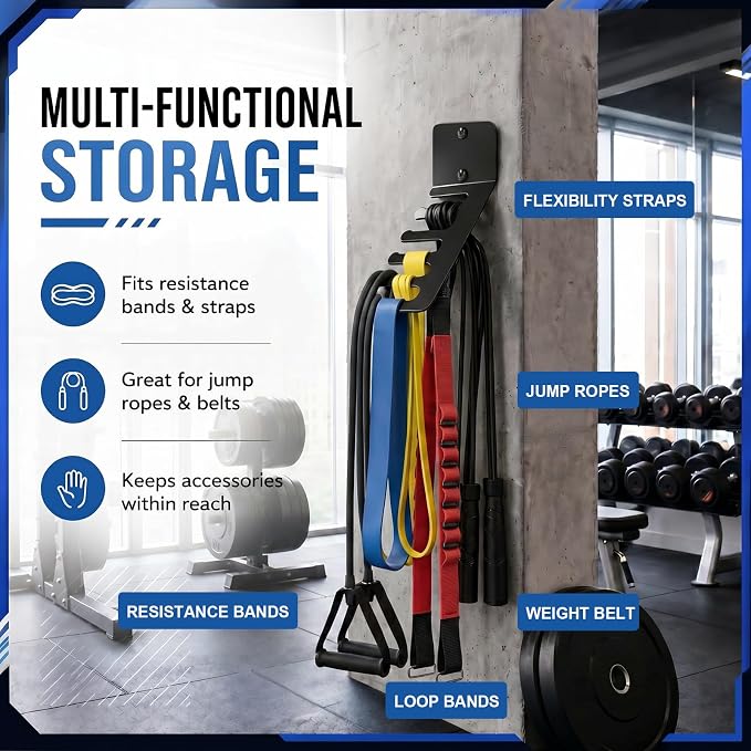 Hicarer Wall Mounted Gym Equipment Storage Rack Heavy Duty Metal Resistance Band Storage Rack Workout Organizer for Cable Attachments Lifting Belts Jump Ropes and Chains Home Gym Fitness Accessories
