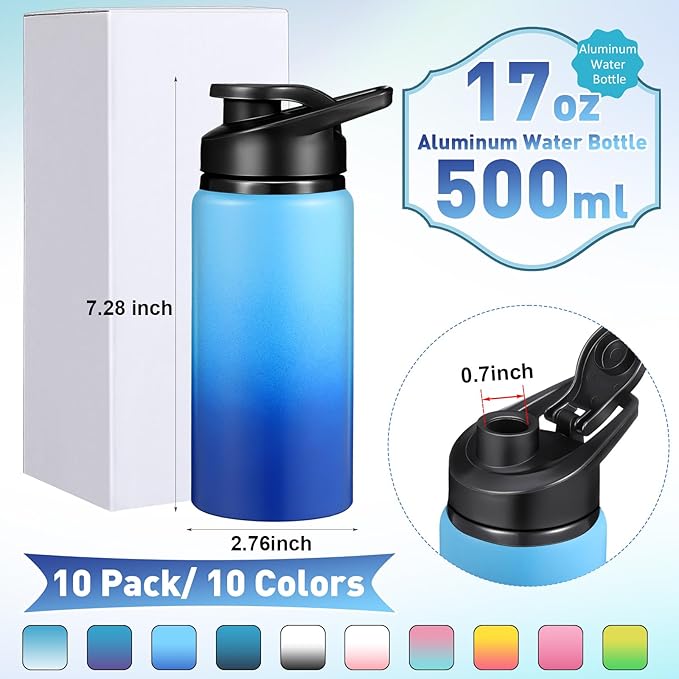 Mimorou 10 Pack Aluminum Water Bottles Bulk 17oz Reusable Leak-Proof Lightweight Sport Bottles Set for Travel Gym Team Camping & Party Favors, 10 Colors