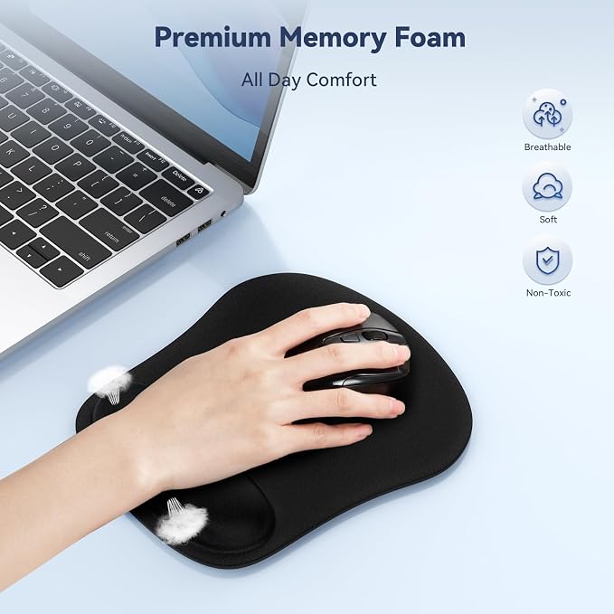 TECKNET Ergonomic Mouse Pad with Wrist Support Black | Soft Memory Foam, Fast Rebound, Pain Relief，Waterproof Surface, Non-slip Base