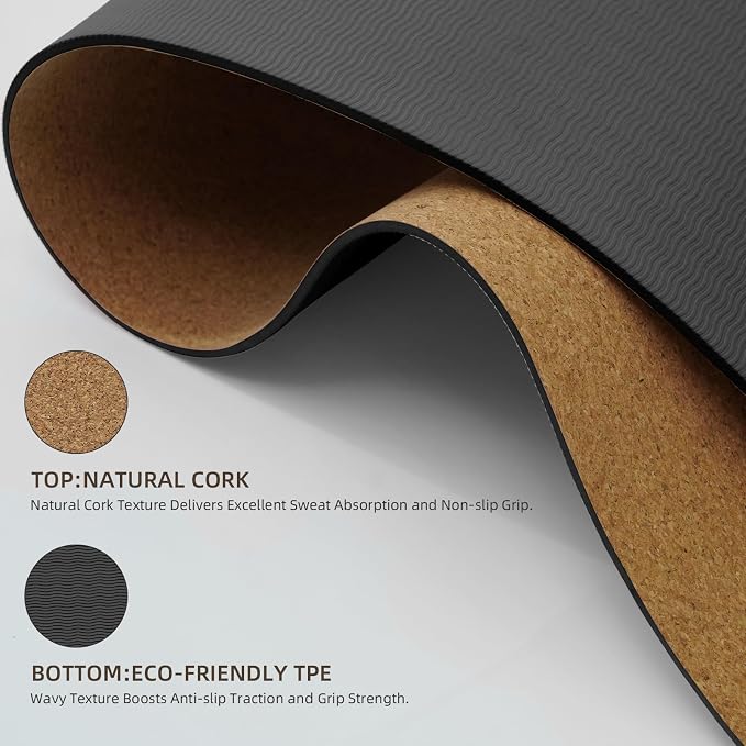 ILILI Eco-Friendly Cork Yoga Mat 1/4 inch Thick, 72''L*26''W, Non Slip Lightweight Cork and TPE Soft Exercise & Fitness Mat, Ideal for All Types of Yoga, Home, Gym & Studio Workouts