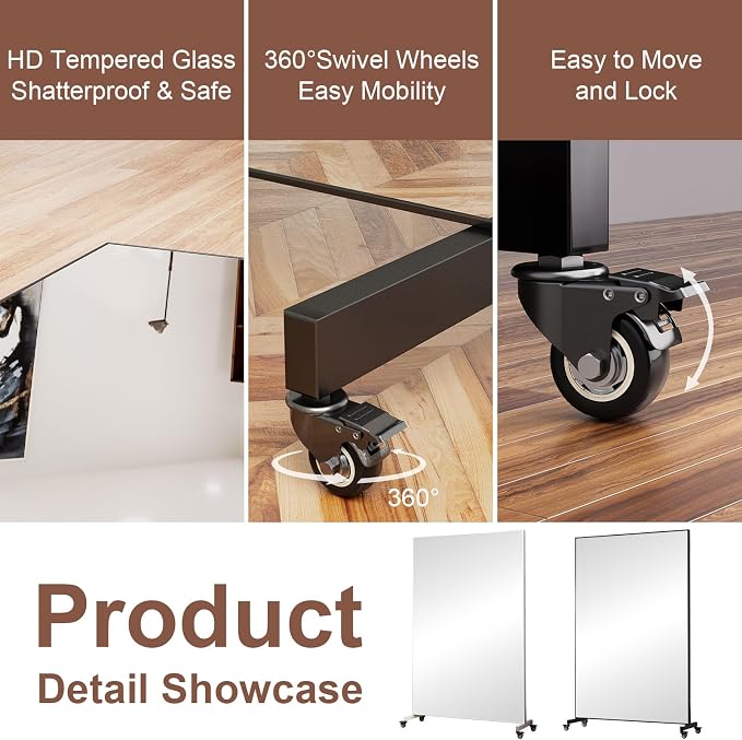 Home Gym Rolling Mirror 82"x44" – Extra Large Full Length Mirror with Wheels, Mobile Tempered Glass Floor Mirror, 360° Swivel, for Workout, Garage, Dance Studio, Yoga, Bedroom, Black