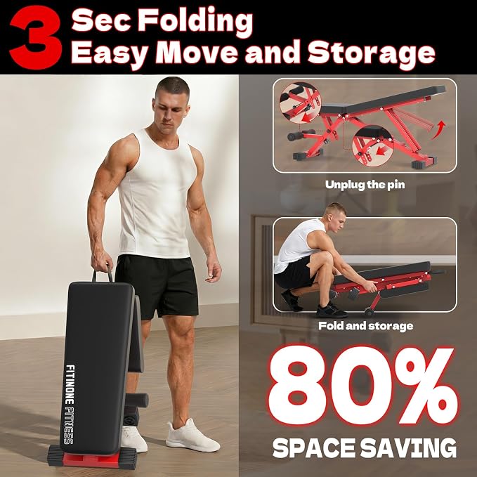 FitinOne Adjustable Weight Bench, 800LBS Foldable Workout Bench for Home Gym, Incline Decline Flat Bench Press with Quick Folding & Fast Adjustment