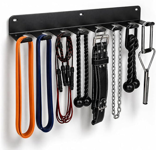 Gym Equipment Storage Rack - Multi-Purpose Home Gym Organization Storage Wall Mount for Resistance Bands, Jump Ropes, Lifting Belt, Chains, Barbells (16" / 8 Prongs)