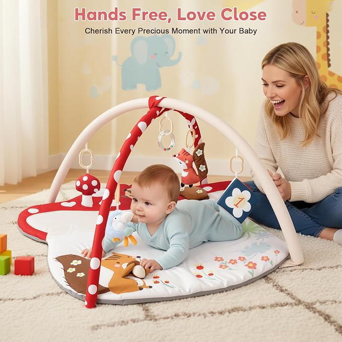 3-in-1 Baby Play Mat & Baby Seats for Infants for Sitting Up, Tummy Time Gym Activity Mat with 5 Detachable Toys, for Babies 0-6-12-18 Months, Newborn Babies Shower Gifts(Red)