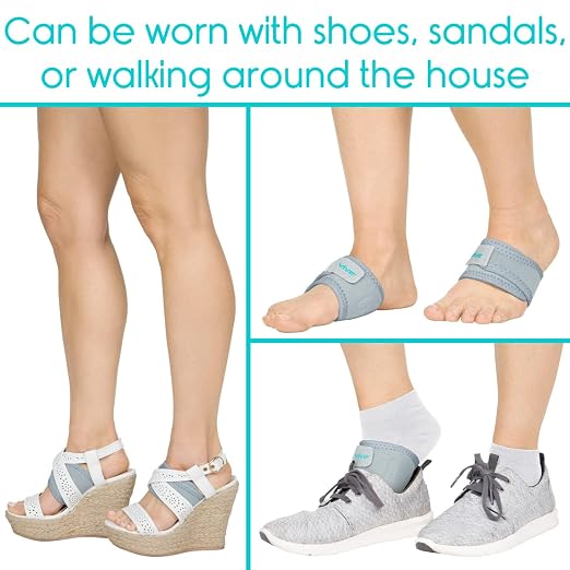 Vive Foot Arch Support Brace (Pair) - Wrap Corrector for Flat Feet, Plantar | Fasciitis, Pain Relief, Fallen Arches - Compression Sleeve Strap, Gel Bands Inserts for Women & Men, Wear Under Socks (Gray)