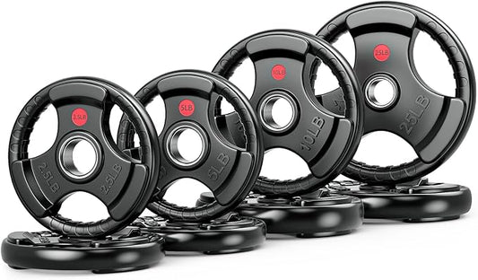 Gikpal Olympic Weight Plates, 2-Inch Three-Grip Rubber Coated Barbell Plates with Steel Hub, Cast Iron Weights for Strength Training & Home Gym, Pair or Sets (2.5–45LB)