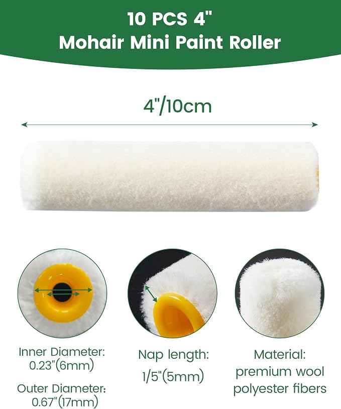 Voomey Mohair Mini Paint Roller 4 Inch Wool Blend Covers 10 Pack | Reusable Small Paint Roller for Cabinets, Trim, Skirting Boards, Tables & Chairs, Suitable for All Paints
