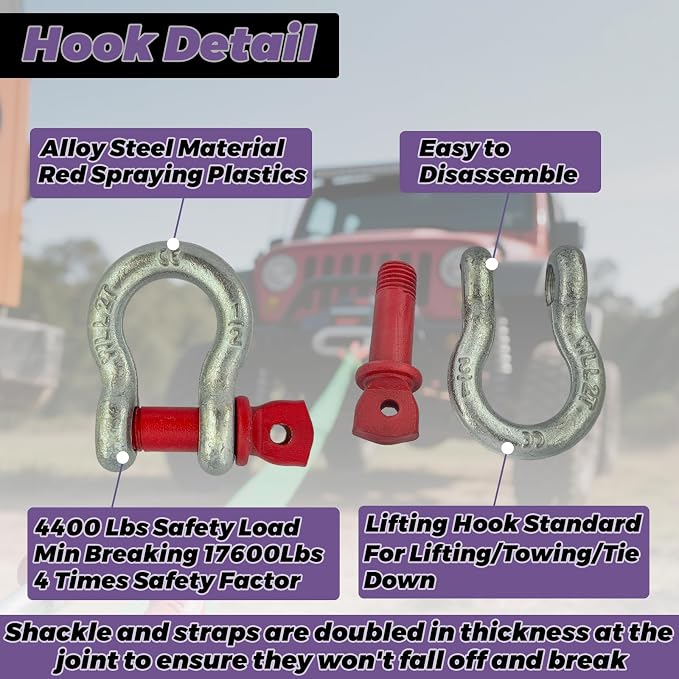 HENBOW Web Sling with D Ring Shackle,8FT× 1In Heavy Duty Flat Lift Sling 2200 lbs Safety Load，Lift Sling Straps for Hoist Car Tree Saver Winch Recovery