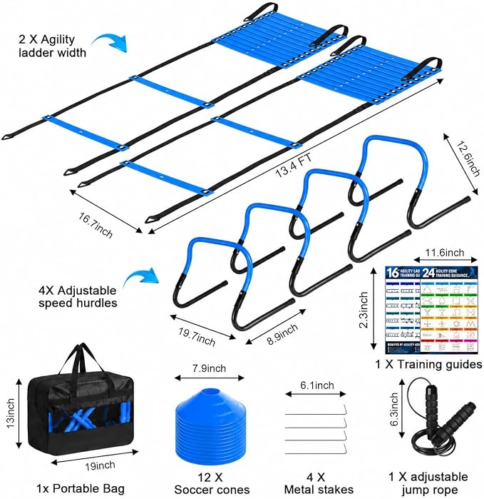 BORNEW 2 Pack Agility Ladder, Soccer Speed Training Equipment Set with Total 26 ft Agility Ladder, 12 Cones, 4 Adjustable Hurdles, Jump Rope, for Soccer, Basketball, Football, Kids, Youth, Adults