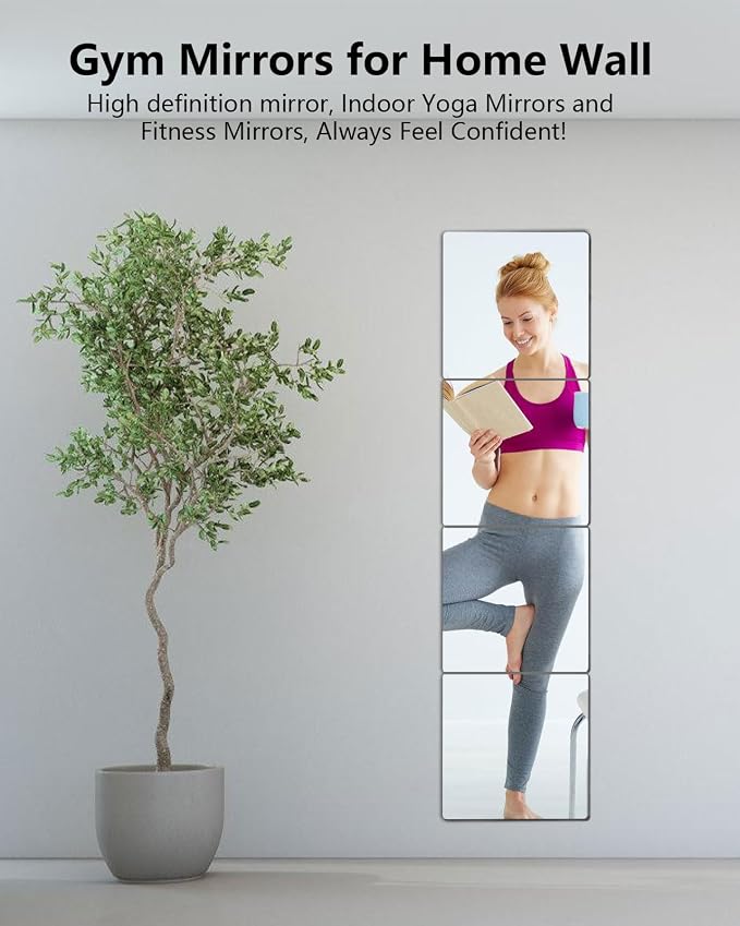 Unbreakable Mirror Tiles, 4PCS 16”x16” Peel And Stick on Mirror for Wall Mirrors Decorative, Toddlers for Kids Bedroom, Plastic Gym Frameless Door Small Adhesive Mirrors for Classroom Decor Stickers