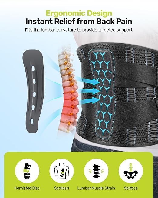 Rakiie Back Braces for Lower Back Pain, Lumbar Support for Men & Women, Breathable Soft Mesh Fabric and 7 Stays All-round Support, Back Support With Lumbar Support Pad for Home & Lifting at Work, Size L (Waist: 39.4"-45.3")