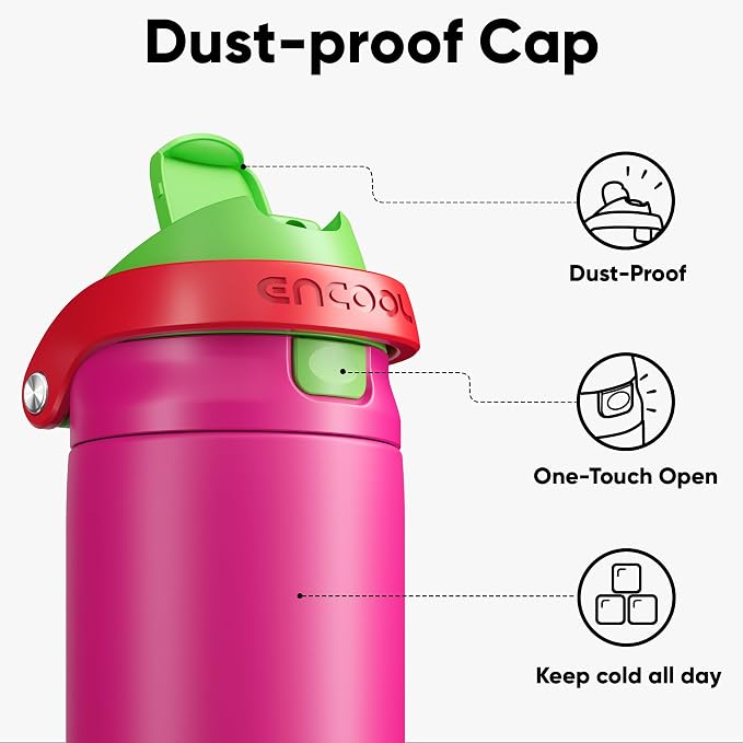 ENCOOL Leakproof Insulated Water Bottle with Straw Dual-Sip Water Bottle Bag-Safe Design for Work, Commute & Gym – Keeps Drinks Cold All Day, 32 oz, Neon Pink