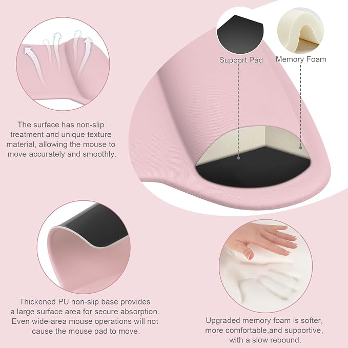MOSISO Wrist Rest Support for Mouse Pad & Keyboard Set, Ergonomic Mousepad Non-Slip Base Home/Office Pain Relief & Easy Typing Cushion with Neoprene Cloth & Raised Memory Foam, Pink