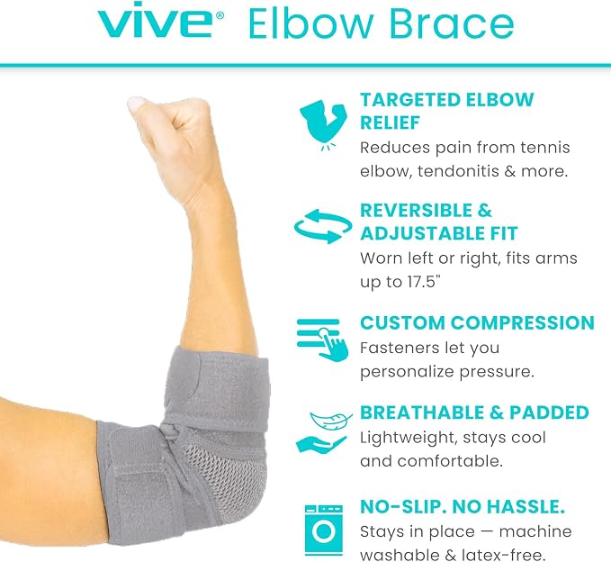 Vive Elbow Brace - Tennis Compression Sleeve - Wrap for Golfers, Bursitis | Left or Right Arm - Tendonitis Support Strap for Golf, Men and Women - Epicondylitis and Sports Recovery (Gray, Standard)