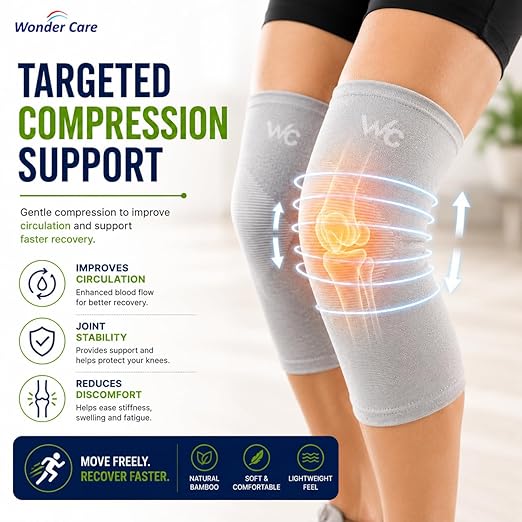 Wonder Care 2-Pack Bamboo Knee Compression Sleeve for Men and Women, Compression Knee Sleeve for Running, Volleyball, Gym Weightlifting Made from Bamboo Yarn, Perfect Knee Brace for Knee Pain and Enhanced Comfort - 1 Pair