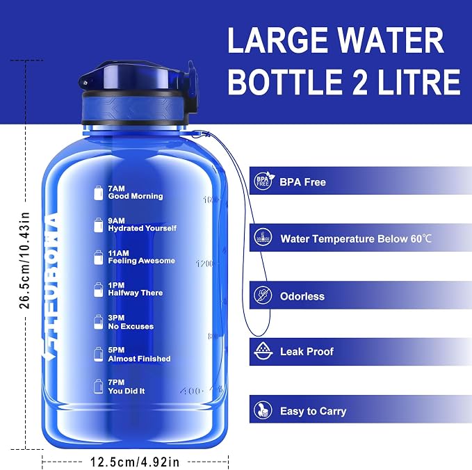 2 Litre Water Bottle with Straw, Motivational Sports Jug | Easy Drinking, Hiking, Cycling, Outdoor Adventures