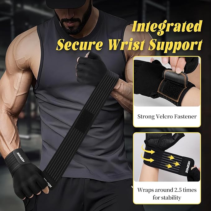 HOZMOZ Weight Lifting Gloves with Wrist Support, Gym Workout Gloves for Men Women, Full Palm 6mm Padded & Grip, Exercise Wrist Wraps for Weightlifting, Fitness, Strength Training