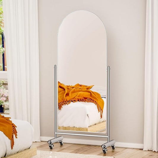 Large Arched Full Length Mirror on Wheels, Rolling Tilting Swivel Floor Mirror 65" x 23" with Tempered Glass and Metal Frame, Modern Dressing Mirror Body Mirror, Home Decor,Silver