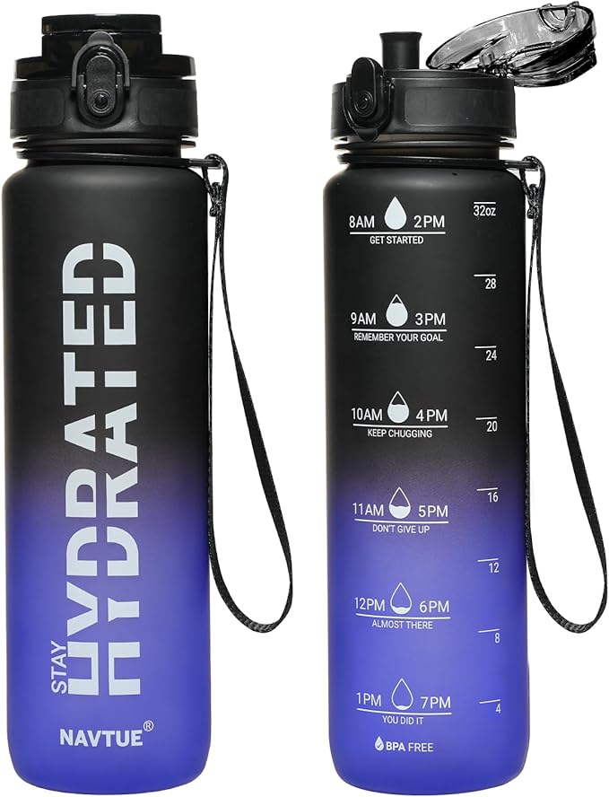 Water Bottle 32 oz Motivational Time Marker Tritan Bottle | BPA-free Tritan water bottle with time marker leakproof Lightweight portable Easy Clean Brush for Gym, Travel, School, Office