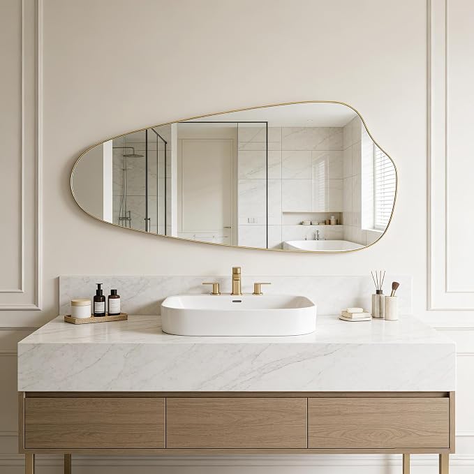 Irregular Wall Mirror Asymmetrical Mirror, Gold Mirror for Bathroom Living Room Entryway Bedroom, Decorative Modern Mirror, Tempered Glass, Shatterproof, Hangs Horizontally or Vertically (48" x 20")