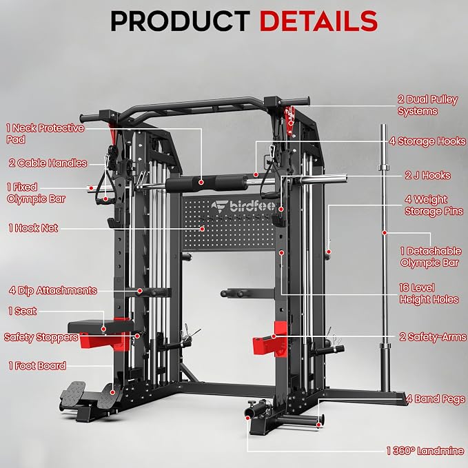 Multi-Function 2000LB Power Cage Smith Machine, Dual Pulley Cable Crossover | Home Gym Squat Rack Featuring LAT Pulldown, Power Rack with Olympic Bar & Strength Training Attachments, Pegboard