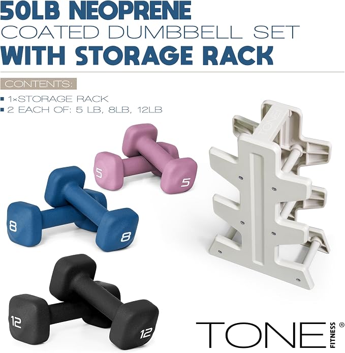Tone Fitness Neoprene Dumbbell Set with Storage Rack – Non-Slip, Anti-Roll Hand Weights for Home Gym Workouts | 20 lb, 32 lb, 50 lb, 60 lb & 100 lb Options