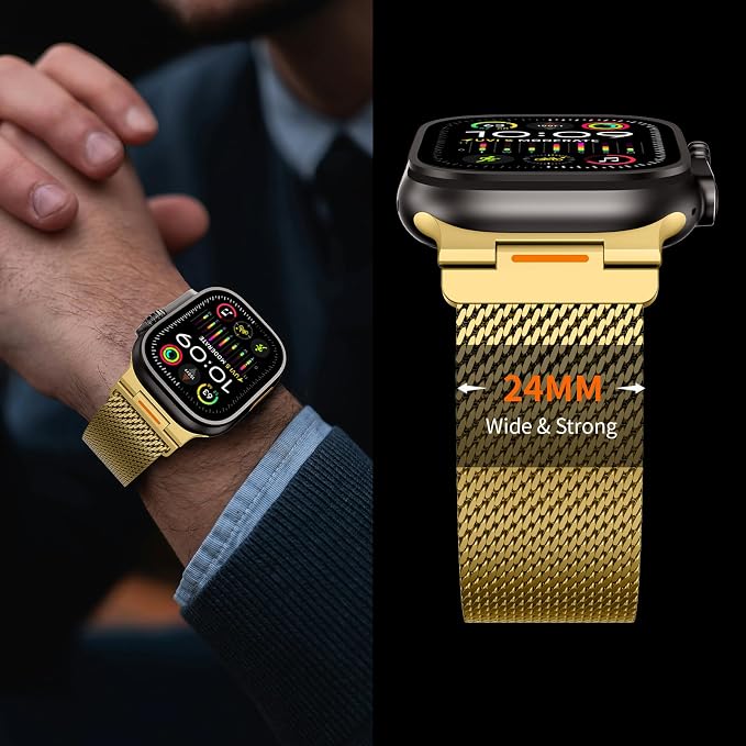 Bands Compatible with Apple Watch Ultra 3/2/1 Band 49/46/45/44mm | Milanese Loop Magnetic Stainless Steel Strap for iWatch Ultra SE 3/2/1 Series 11 10 9 8 7 6 5 4 3 2 1 Men, Gold