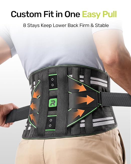 Rakiie Back Brace for Women Men, Integrated Lumbar Support, Breathable Soft Mesh Fabric and 8 Stays All-round Support, Durable Back Support With Lumbar Support Pad for Home & Lifting At Work, Green Size L