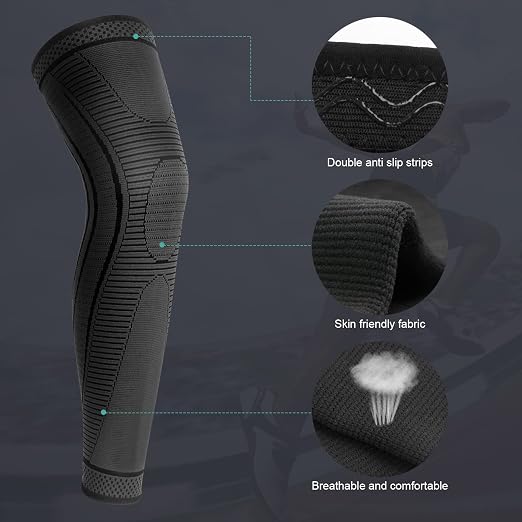 2 Pack Full Leg Compression Sleeves, Long Knee Brace Support for ACL,PCL, Meniscus Tear, Arthritis, Tendinitis,Men And Women (Black, X-Large)