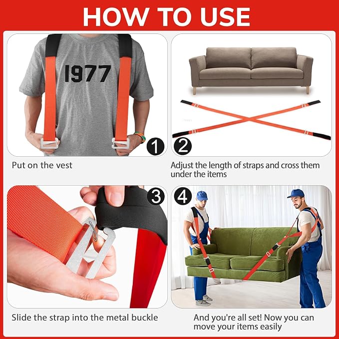 Ytonet Moving Straps, Lifting Straps for Move Furniture, 2-Person Shoulder Lifting and Moving System for Appliances, Mattresses, Heavy Objects up to 800lbs, Furniture Strap Round Sling, Orange