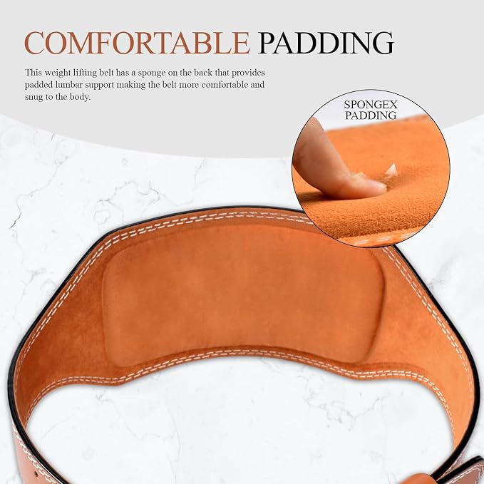 Leather Gym Fitness Belt, 4" & 6" Padded Lumbar Back Support, 10 Adjustable Holes for Weightlifting Powerlifting Bodybuilding Deadlift Squat Workout Strength Training