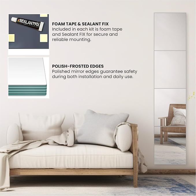 Wall Mirrors, 12''x 10'' Glass Wall Mirror Tiles (8 PCS), Large Full Body Mirror for Home Gym, Bedroom, Door, Bathroom, Frameless Mirror Tiles (Glass - 12'' x 10'' - 8PCS)