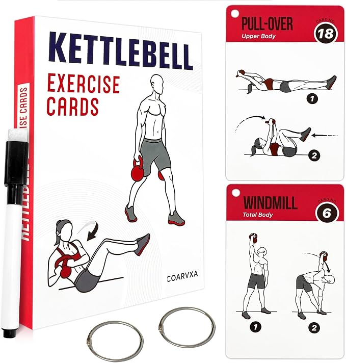 Kettlebell Cards for Women & Men-50 Kettlebell Workout Cards，Includes 2 Rings& Dry-Erase for Easy Organization-Home, Gym or Studio (Kettlebell)