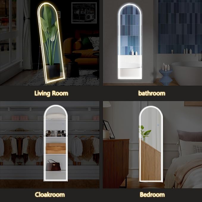 Sweetcrispy 63"x20" LED Mirror Full Length with Stand, Lighted Floor Mirror, w/Dimming & 3 Color Lighting, White