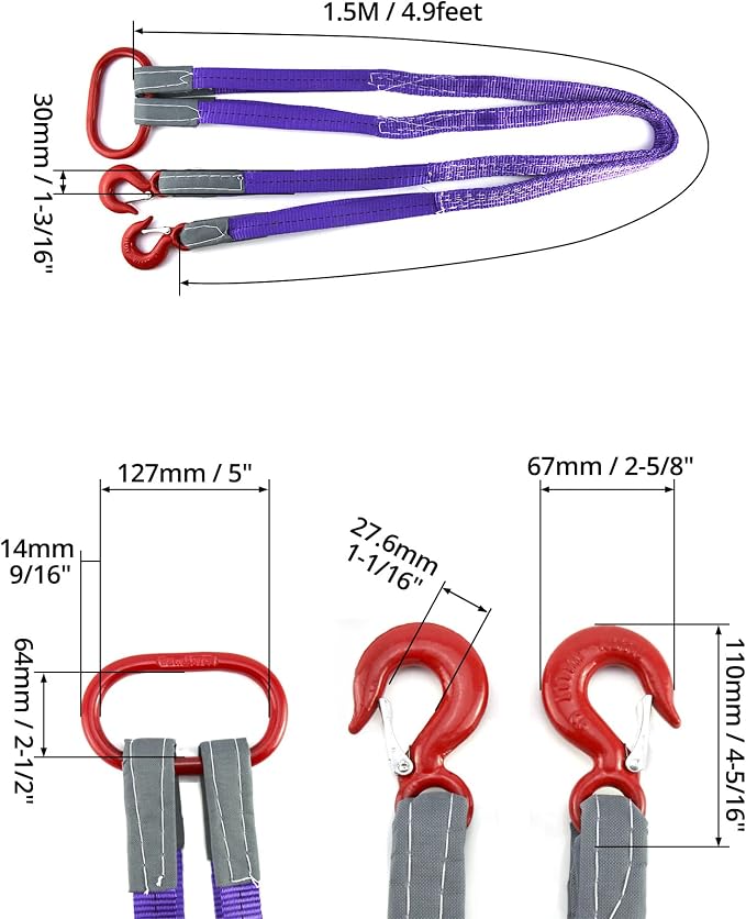QWORK Lifting Slings Straps with Hooks - 5 Feet, 4409 Pounds Capacity, 2 Pack Polyester Webbing - Purple Rigging Straps for Engines, Cranes, Hoists