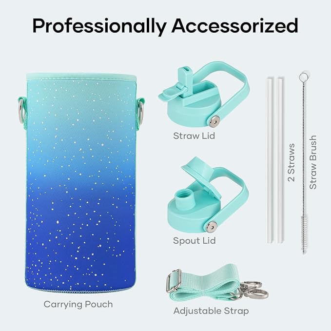 BUZIO 32 oz Water Bottle Insulated, Leakproof Stainless Steel Flask (Cold for 48 Hrs), Wide Mouth BPA-Free Metal Thermo Hydro Canteen with 2 Lids, Starry Gradient Blue