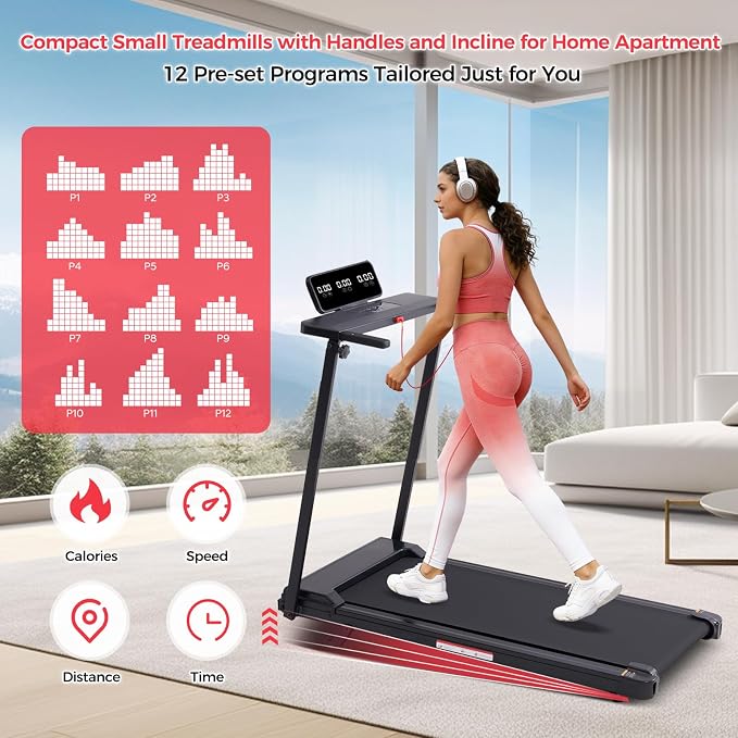 KASSADIN Portable Treadmills for Home Small, Walking Pad with Handle Bar, 3.5HP Electric Mini Treadmills for Home Exercising, Walking Pad Treadmill with Handle Bar and Incline, 0.6-10MPH, 400LBS