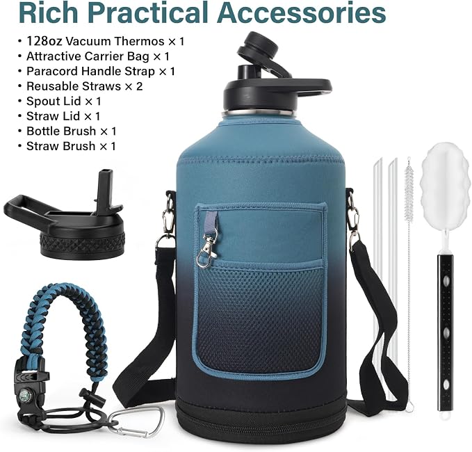 DYSANKY 1 Gallon Insulated Water Bottle | Upgraded Thickened Stainless Steel Metal Portable Sports Large Water Jug for Gym and Hiking with Carrier Bag, Handle Strap | BPA-Free 128 oz