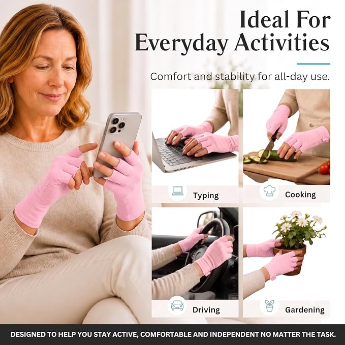 Vive Arthritis Gloves - Men, Women Rheumatoid Compression Hand Glove | Osteoarthritis- Arthritic Joint Pain Relief - Carpal Tunnel Wrist Support - Open Finger, Fingerless Thumb for Computer Typing