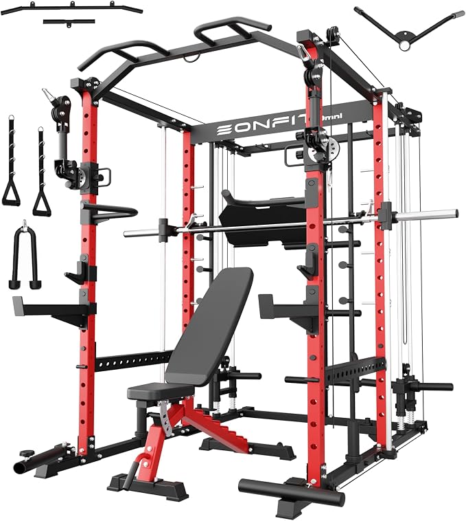 Eonfit E5 Smith Machine with Leg Press for Home Gym | Functional Trainer Power Rack Power Cage With Pivot Arms Lat Cable Crossover Pulley System All In One For Garage Apartment