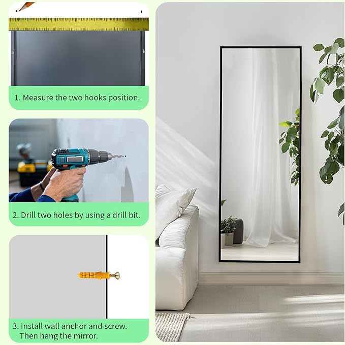 Floor Length Mirror 48x16 inch, Wall Mirror Full Length,Metal Frame | Matte Black Metal Frame, No Distortion, Rust-proof, Easy Installation, Suitable for Living Room, Entryway, Bedroom