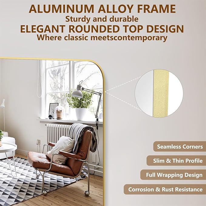 Koonmi Full Length Mirror, 67"x30" Mirror Full Length with Stand | Domed Top Square-Edged ShatterProof Floor Mirror with Gold Aluminum Alloy Frame for Bedroom Living Room Home Gym