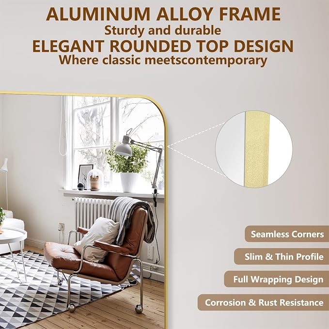 Koonmi Full Length Mirror, 65"x24" Mirror Full Length with Stand | Domed Top Square-Edged ShatterProof Floor Mirror with Gold Aluminum Alloy Frame for Bedroom Living Room Home Gym