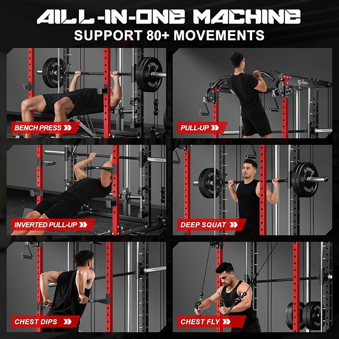 S1-V4 Smith Machine, 2000LBS Power Cage with Cable Crossover System, All-in-One Squat Rack with Smith Bar, Strength Training Equipment for Home Gym