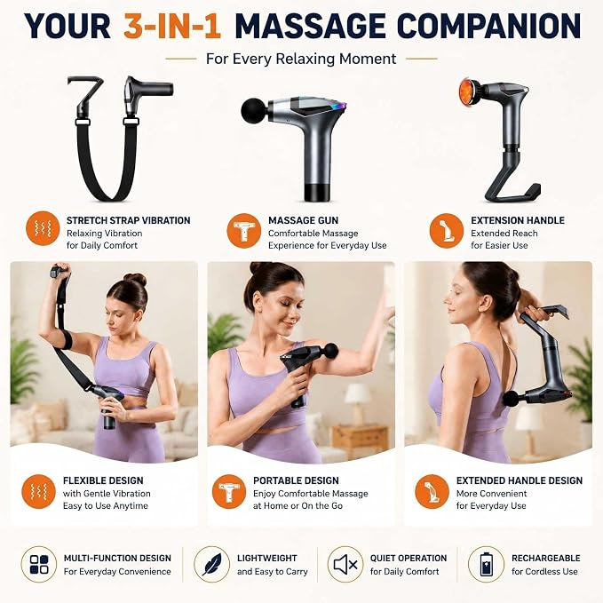 Massage Gun with Heat & Extension Handle, 12 Speeds, Detachable Design | Massage Gun with Warming Function, Adjustable 12 Speeds, Detachable Extension Handle, Portable Design for Home, Gym & Travel