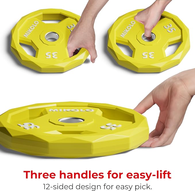 Mikolo Olympic Weights Set 2-Inch Rubber Coated Plates, 12-Sided Non-Roll Weight Plates Grip with 3 Handles for Home Gym, Strength Training, Single, Pair and Sets(5/10/15/25/35/45 LB)