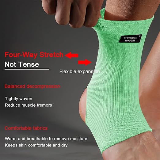 SPOTBRACE Ankle Brace Compression Sleeve, Ankle Support For Women Men 2Pack | Elastic, Open Heel, Green, Breathable, Thin, Soft, Foot Compression Sock Wrap for Swelling, Plantar Fasciitis, Sprain, Size L