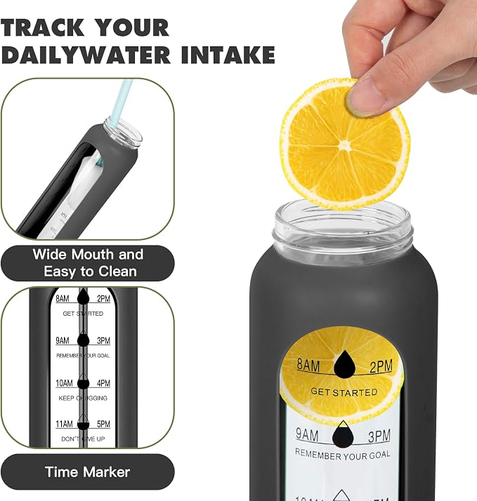 32oz Glass Water Bottle with Time Marker, 2 Lids-Handle Spout Lid & Bamboo Straw Lid, 1 Liter Motivational Borosilicate Water Bottle for Gym, Office, Travel (Black)