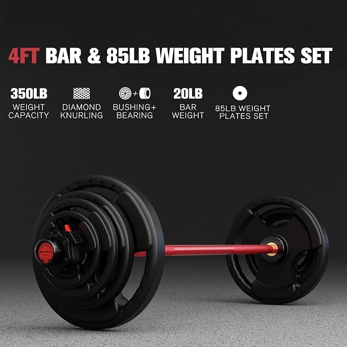 RitFit Barbell Weight Set - 4/6FT Olympic Barbell with Weight Plates (55-115LB Total) - Weightlifting Equipment for Squats, Curls, Deadlifts, Presses, Hip Thrusts